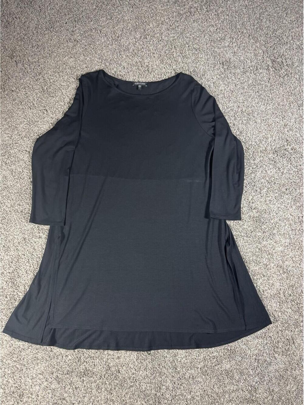 Eileen Fisher Womens Stretch Jersey‎ T-Shirt Dress Size L Black 3/4Sleeve